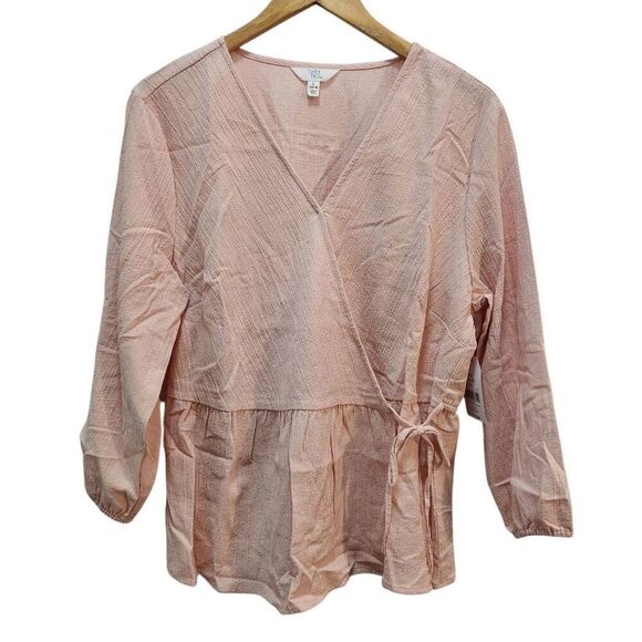 Time and True wrap top with balloon sleeves in  pink Size Large 12-14 - Picture 1 of 9